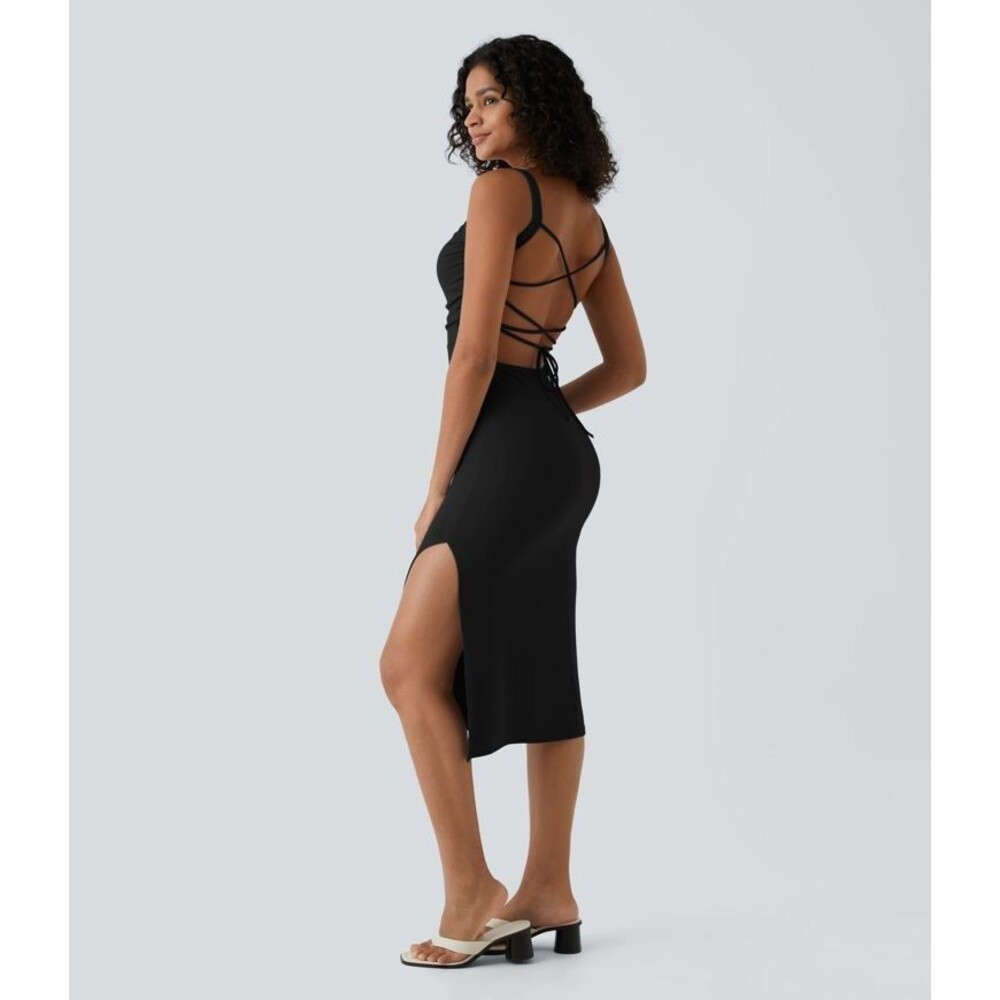 Halara Womens M Black Midi Dress Lace Up Open Back Side Slit Ruched Bodycon NWT